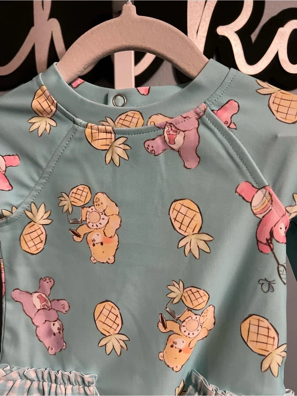 Care Bear Baby Pastel Pineapple & Bear Ruffle UPF 50+ Swimsuit NWT 6-9 months